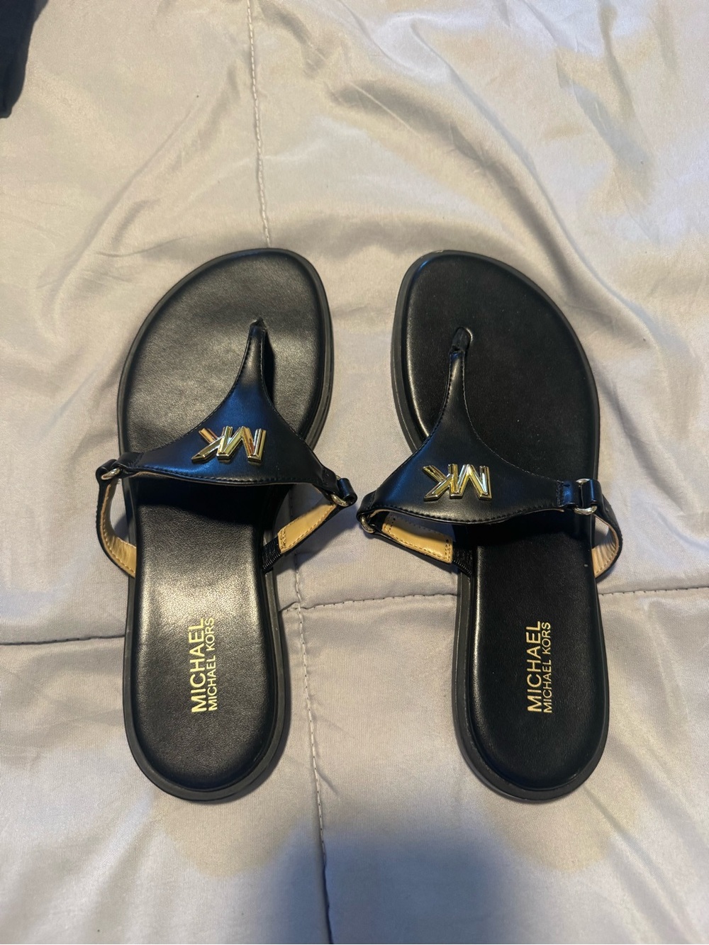 Michael Kors Black Leather Logo Sandals with Gold Accents